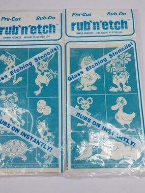 Vintage Armour Rub 'n' Etch Glass Etching & Fabric Paint Stencils 1980 MIX NOS